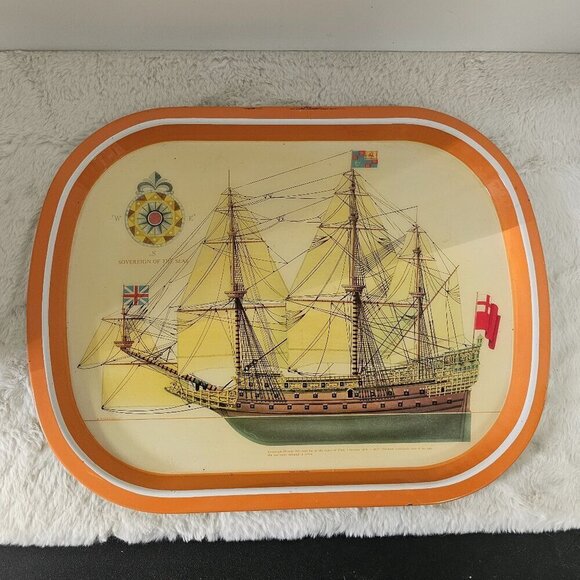 Vintage Metal Dinner Tray Ship Anit Slip Grip Nautical Retro 70s - Picture 15 of 15